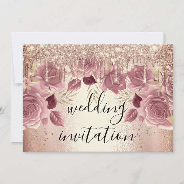 Bridal Wedding Rose Pink Drips Flowers I Invitation (Front)