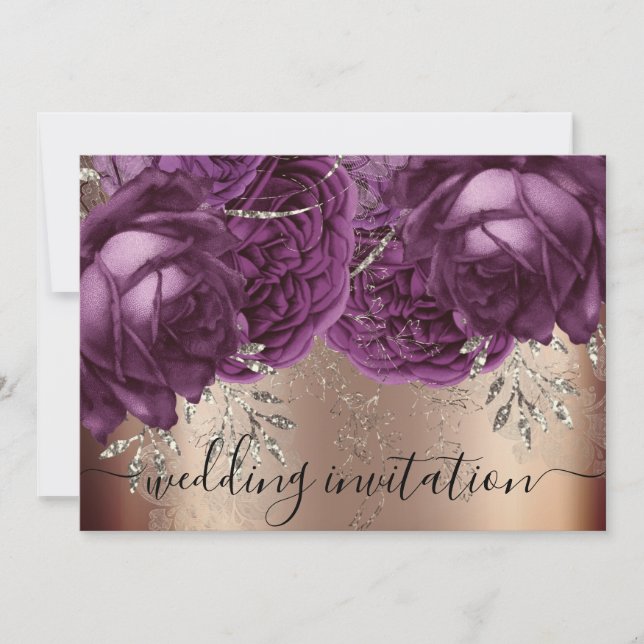 Bridal Wedding Rose Silver Lights Purple Flowers  Invitation (Front)