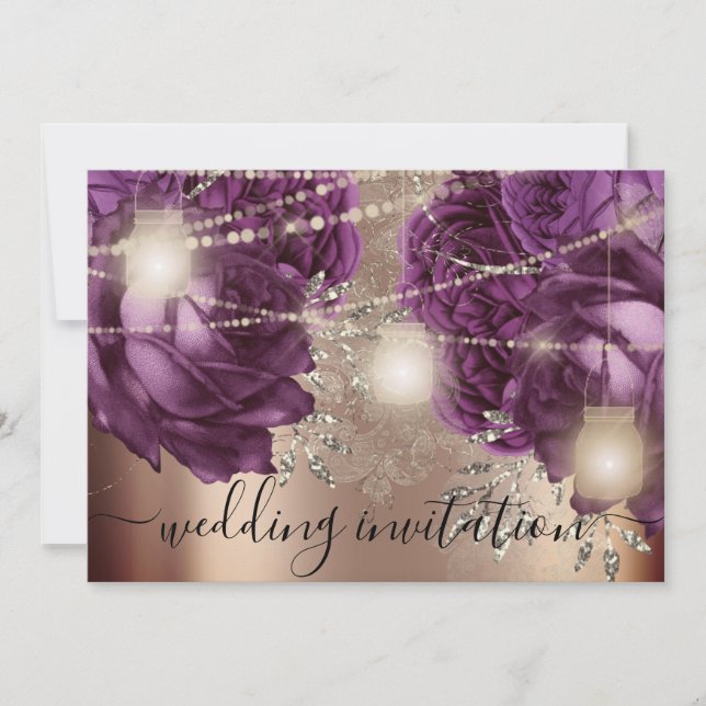 Bridal Wedding Rose Silver Lights Purple Roses  Invitation (Front)