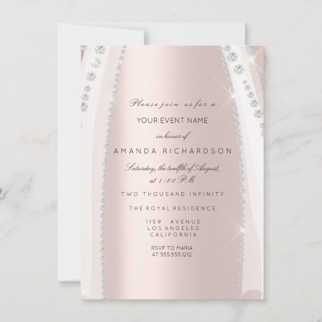Bridal White Dress Spark Rose Silver Pink Diamond Invitation (Front)