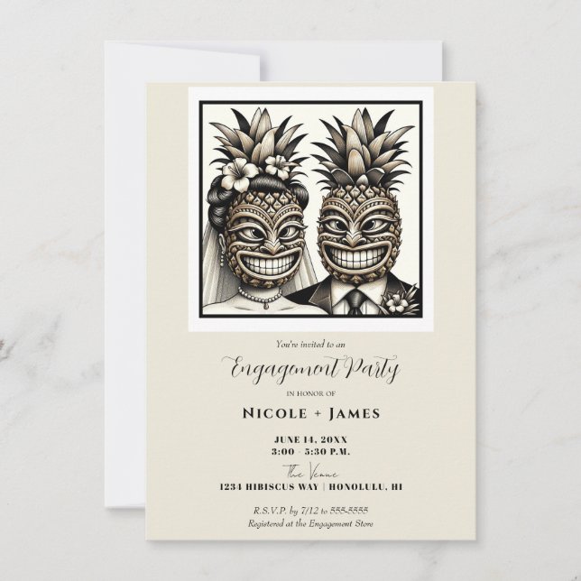 Bride and Groom Aloha Pineapple Tiki Engagement  Invitation (Front)