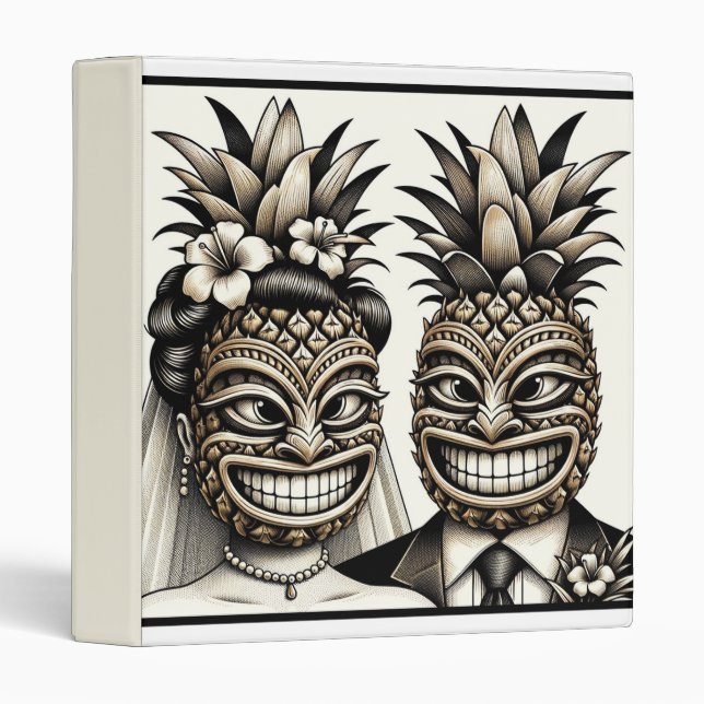 Bride and Groom Aloha Pineapple Tiki Head Wedding  Binder (Front/Spine)