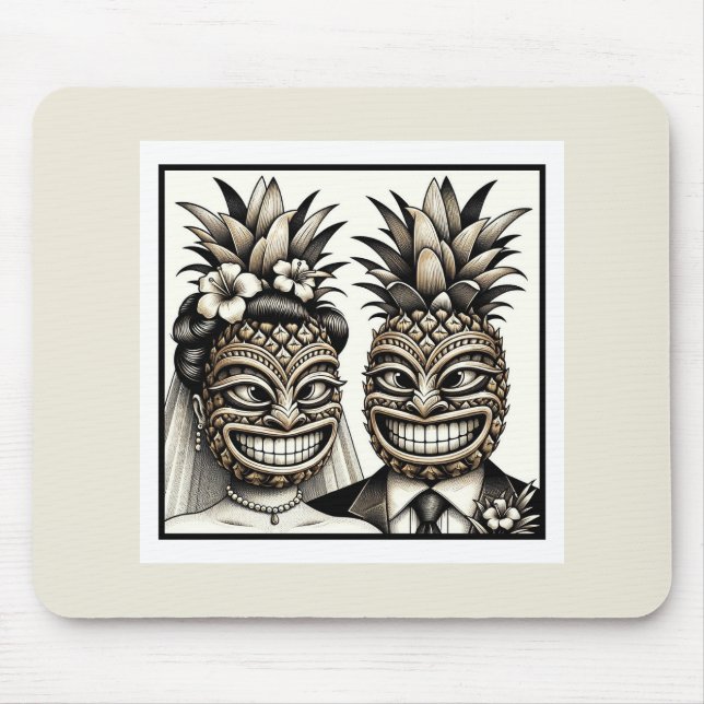 Bride and Groom Aloha Pineapple Tiki Head Wedding  Mouse Pad (Front)
