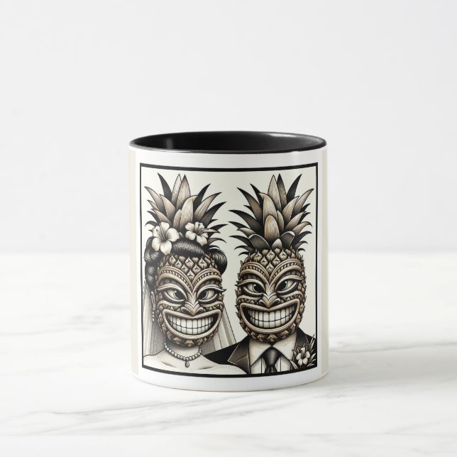 Bride and Groom Aloha Pineapple Tiki Head Wedding  Mug (Center)