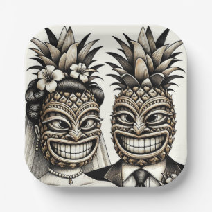 Bride and Groom Aloha Pineapple Tiki Head Wedding  Paper Plate