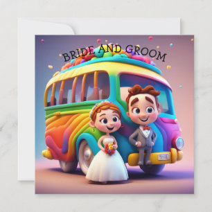  BRIDE AND GROOM AND THE RAINBOW BUS  SAVE THE DATE
