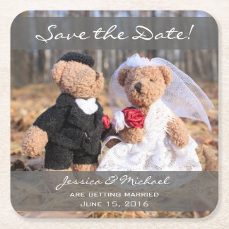 Bride and Groom Bears Save the Date Square Paper Coaster