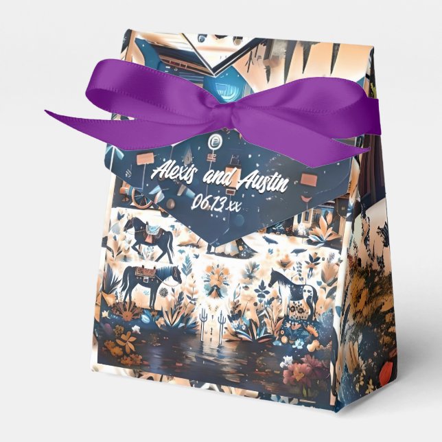 Bride and Groom Blue Western Pattern Wedding Favor Box (Front Side)