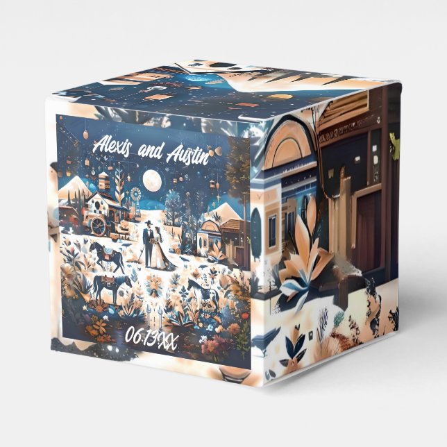 Bride and Groom Blue Western Pattern Wedding Favor Box (Front Side)