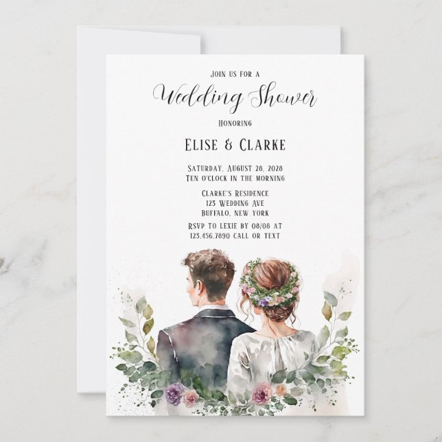 Bride and Groom Botanical Floral Wedding Shower In Invitation (Front)