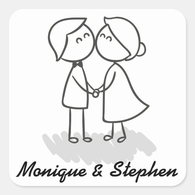 Bride And Groom Cartoon Black And White Wedding Square Sticker (Front)