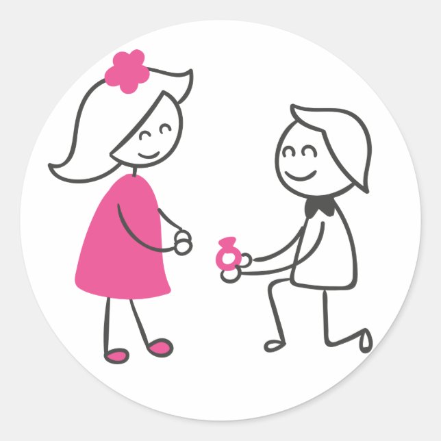 Bride And Groom Cartoon Wedding Engagement Classic Round Sticker (Front)