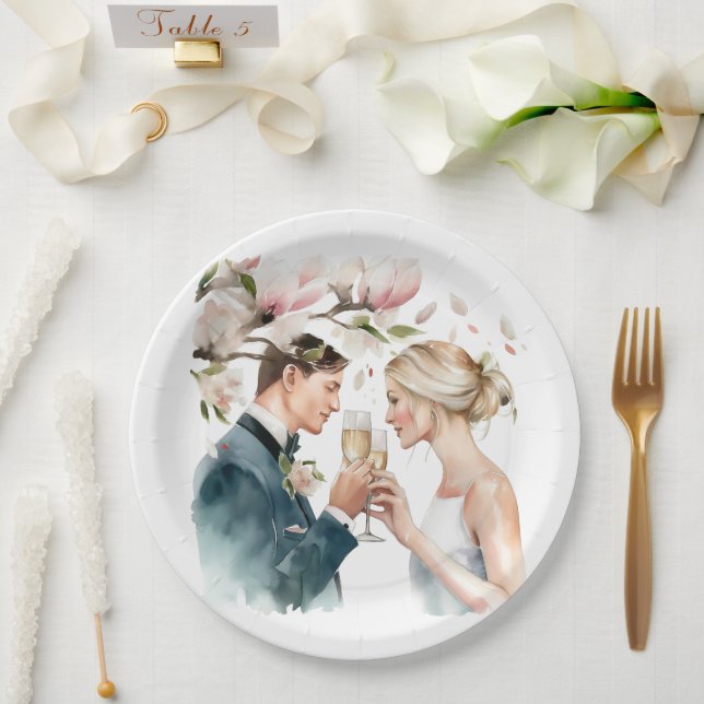Bride and Groom Champagne Magnolias Paper Plate (Wedding)