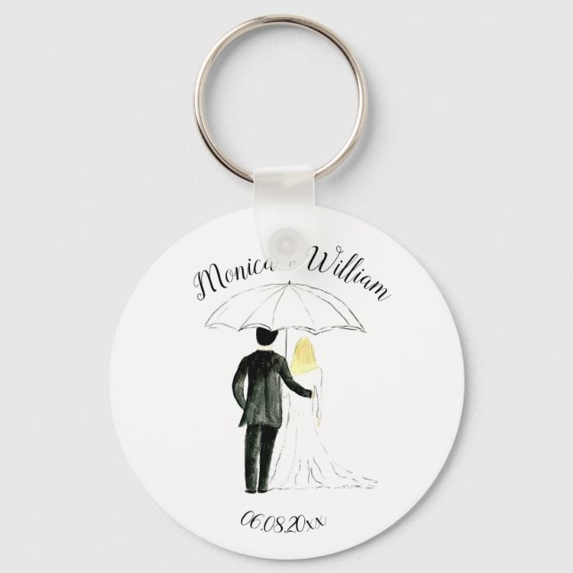 Bride and Groom Couple Elegant Date Wedding Keychain (Front)