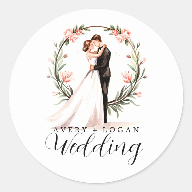 bride and groom couple watercolor wedding classic round sticker (Front)