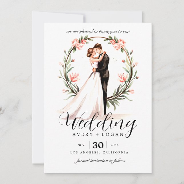 bride and groom couple watercolor wedding invitation (Front)