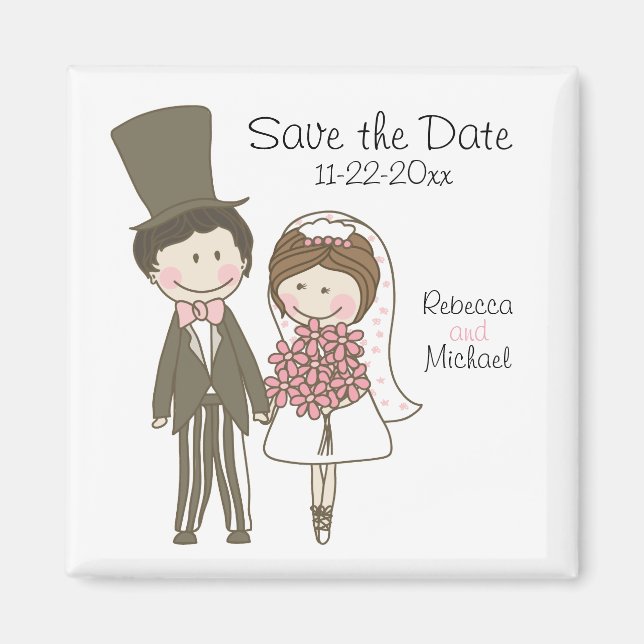 Bride and Groom Cute Cartoon Save the Date Wedding Magnet (Front)