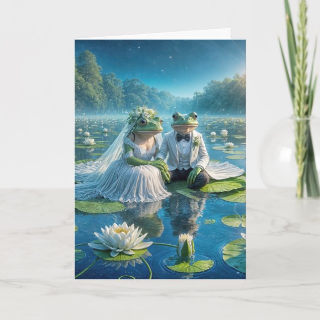 Bride and Groom Frogs On Lily Pad Card (Front)