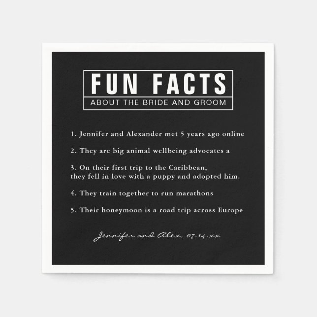 Bride and Groom Fun Facts Black and White Paper Napkin (Front)
