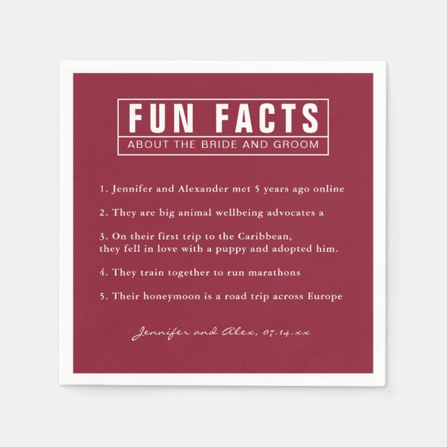 Bride and Groom Fun Facts Burgundy Red Paper Napkin (Front)