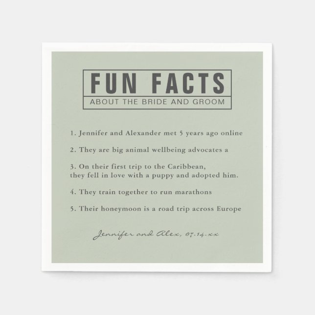 Bride and Groom Fun Facts Eucalyptus Green Paper Napkin (Front)