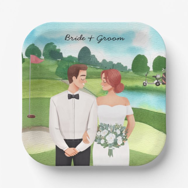  Bride and Groom Golfer wedding in golf course Paper Plate (Front)
