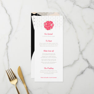 Bride and groom green bouquet red wedding menu