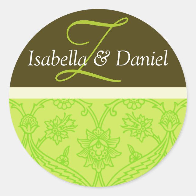 Bride And Groom Green Monograms For Envelopes Classic Round Sticker (Front)
