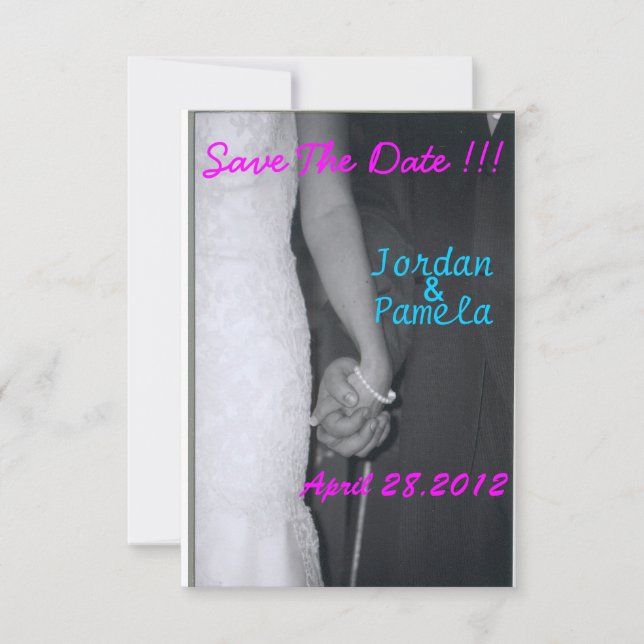 bride and groom holding hands save the date (Front)