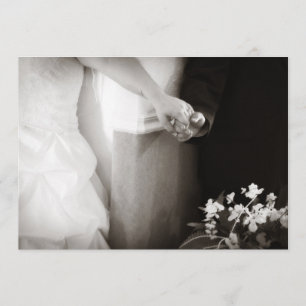 Bride and groom holding hands wedding invitation