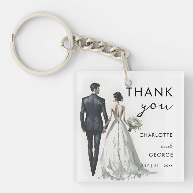 Bride and Groom Illustration Wedding Favours Keychain (Front)