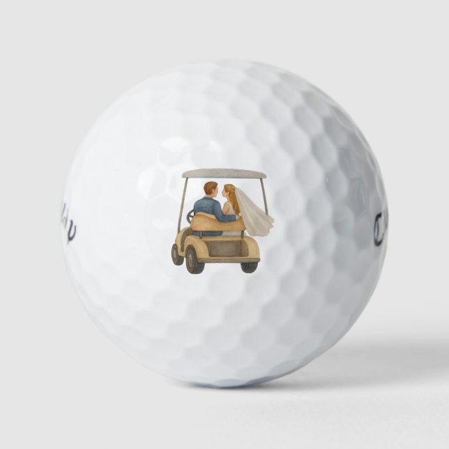 Bride and Groom in a Golf Cart Wedding Favour Golf Balls (Front)