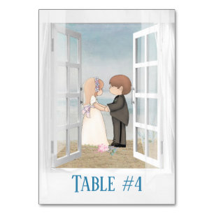 Bride and Groom in Beach Window Table Number