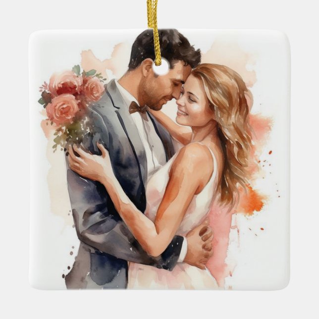 Bride and Groom in Just Married Wedding Ceramic Ornament (Front)