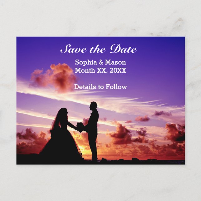 Bride and Groom in Sunset Save the Date Postcard (Front)