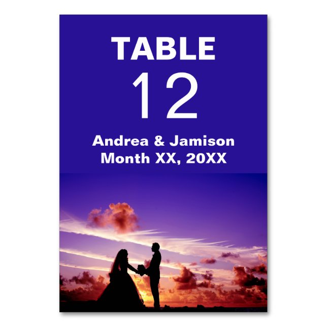 Bride and Groom in Sunset Wedding Table Card (Front)