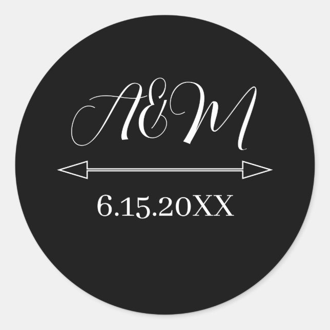Bride and Groom Initials Wedding Date | Black  Classic Round Sticker (Front)
