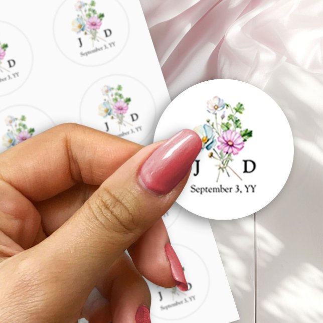 Bride and Groom Initials Wildflower Posy Monogram Classic Round Sticker (Floral Monogrammed wedding stickers from the Wildflower Garden Wedding Collection by Darling & May)