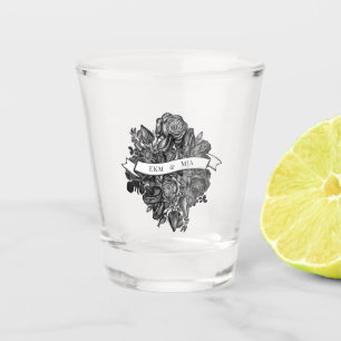Bride and Groom Monogram Initials Black Roses Shot Glass