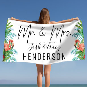 Bride and Groom, Mr and Mrs Tropical Custom Beach Towel