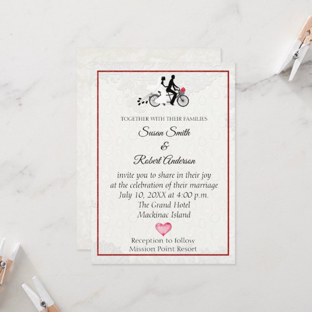 Bride and Groom on Tandem Bicycle Wedding Invitati Invitation (Front/Back In Situ)