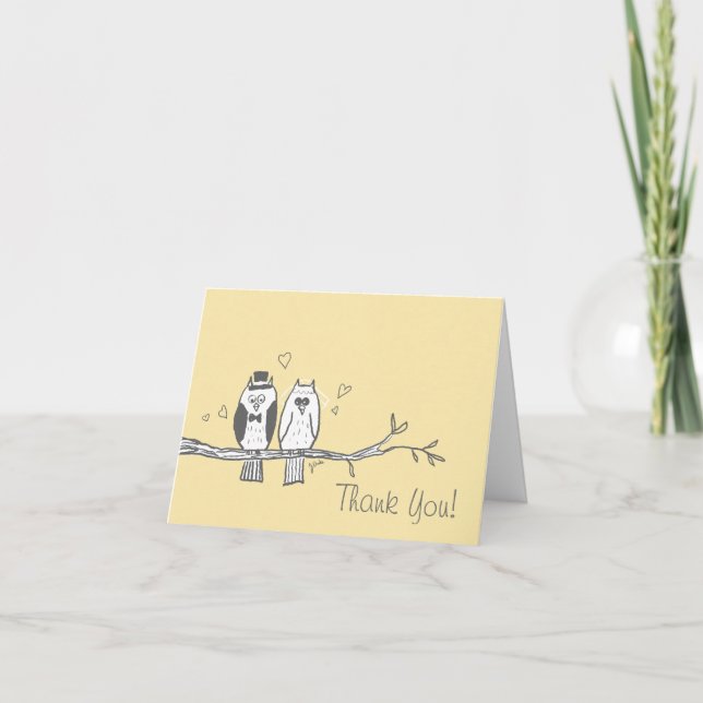 Bride and Groom Owls Thank You Note Card (Front)
