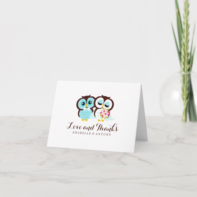 Bride and Groom Owls Wedding "Thank You" Thank You Card (Front)