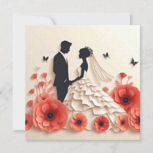 Bride and groom paper art with flowers invitation