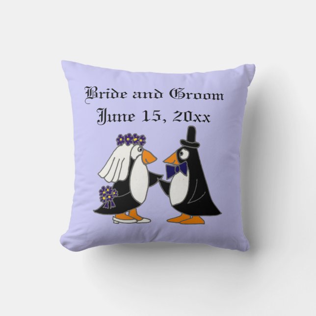 Bride and Groom Penguin Wedding Art Throw Pillow (Front)