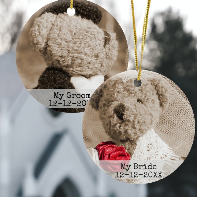 Bride and Groom Photo Typewriter Font Wedding Ceramic Ornament (East to upload your wedding photos to this ceramic ornament. Makes a great first Christmas gift)