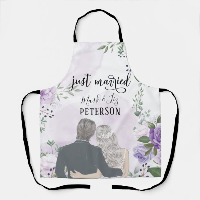 Bride and Groom Purple Blush Flowers Just Married Apron (Front)