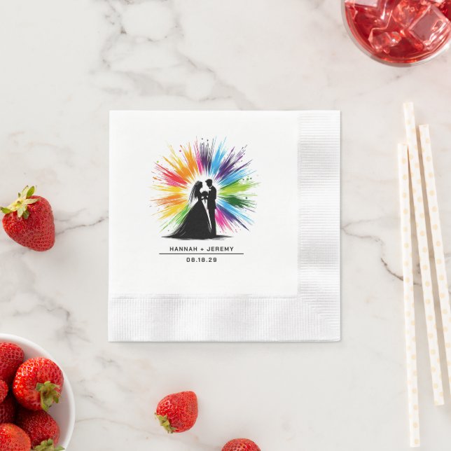 Bride and Groom Rainbow Burst Wedding Napkin (Insitu)