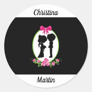Bride and Groom Silhouettes with Names Classic Round Sticker