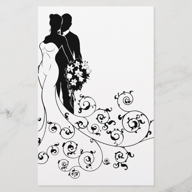 Bride and Groom Wedding Bridal Dress Silhouette Stationery (Front)